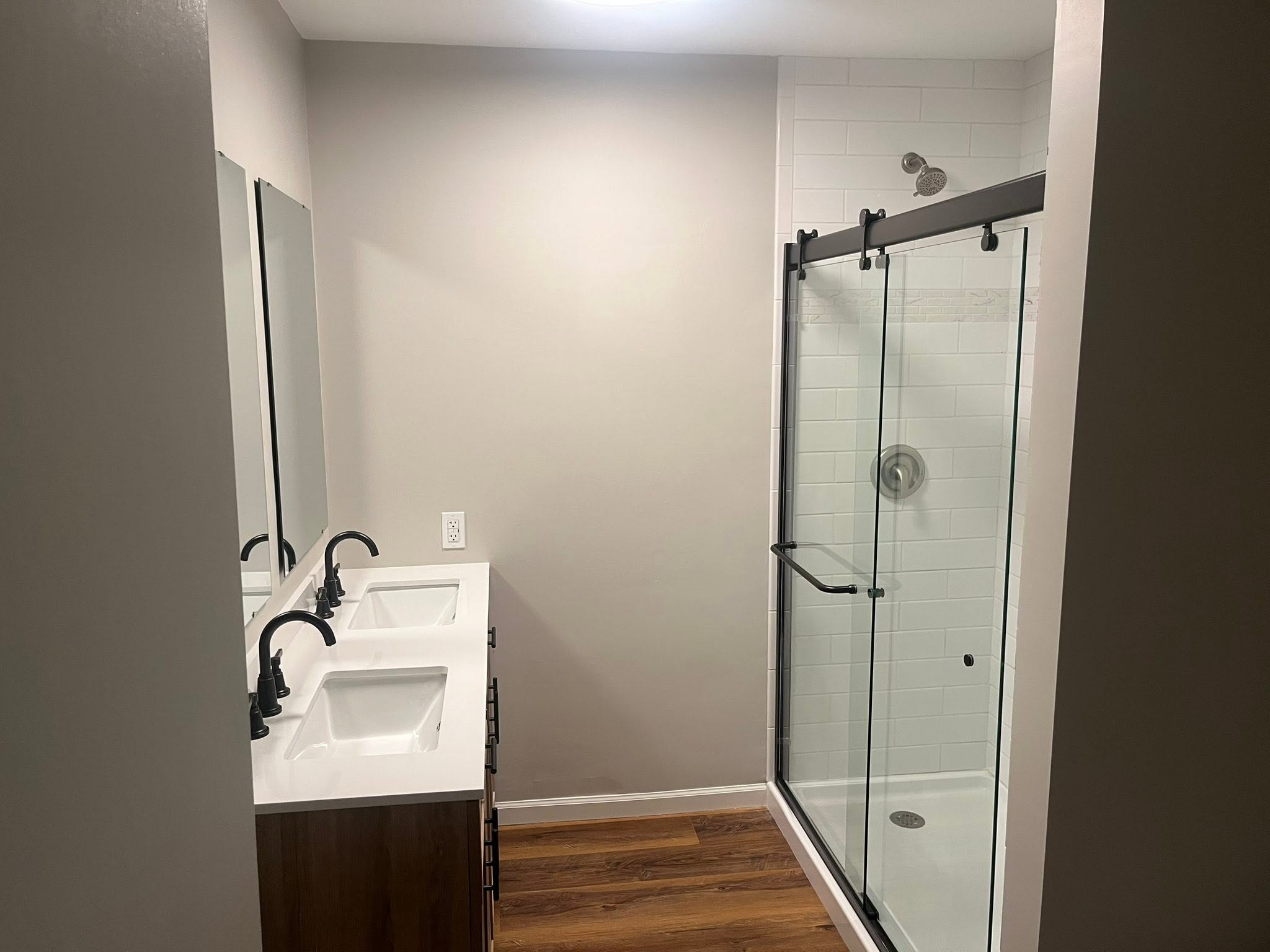 Clean, detailed bathroom vanity and shower